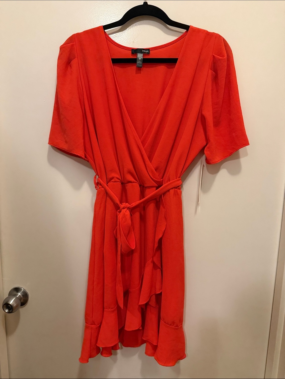 Aqua Vibrant Orange faux Wrap Dress with Tie Waist